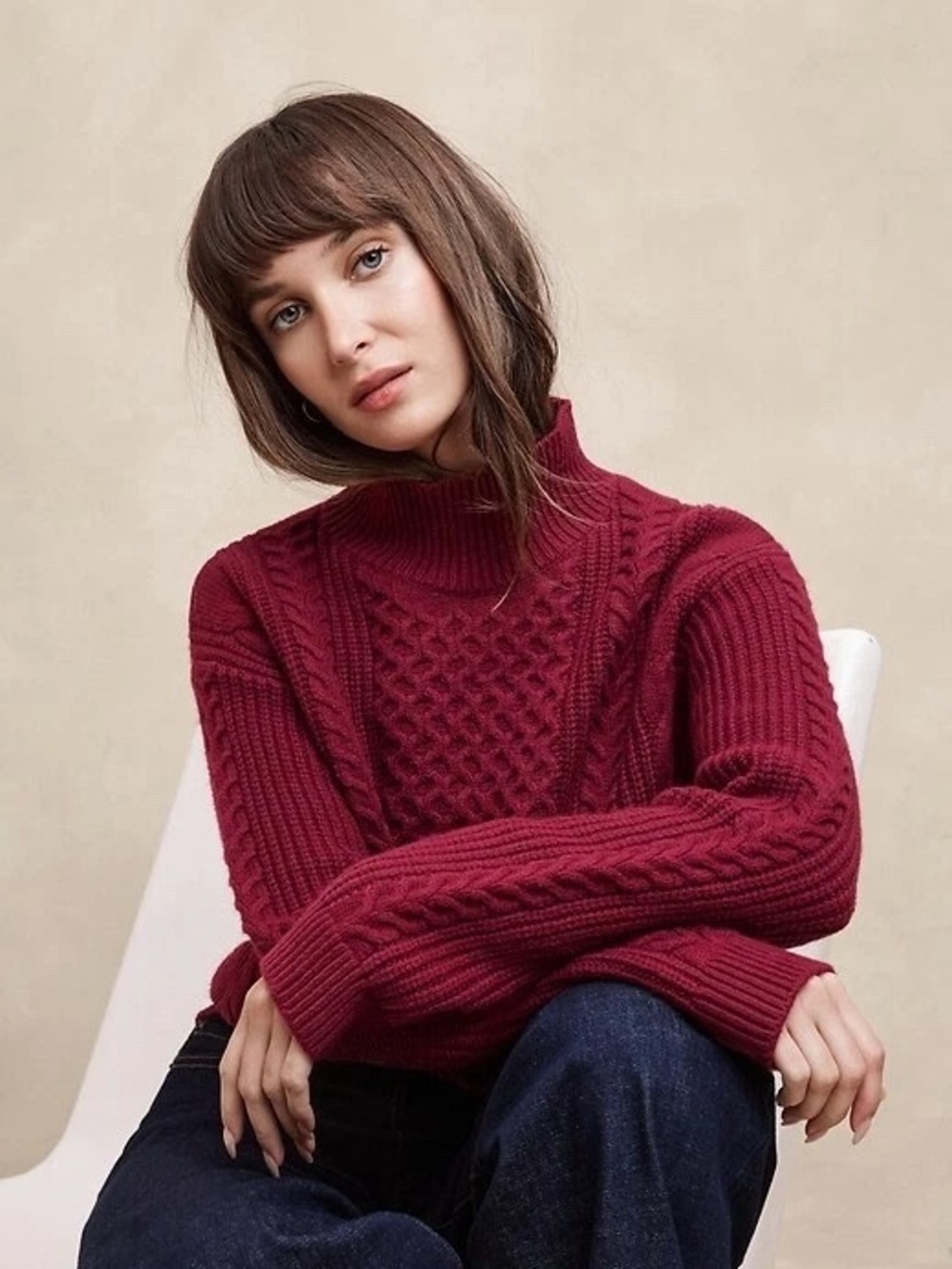 Banana Republic Cable Knit Burgundy Turtleneck Cotton Blend sweater Size S
